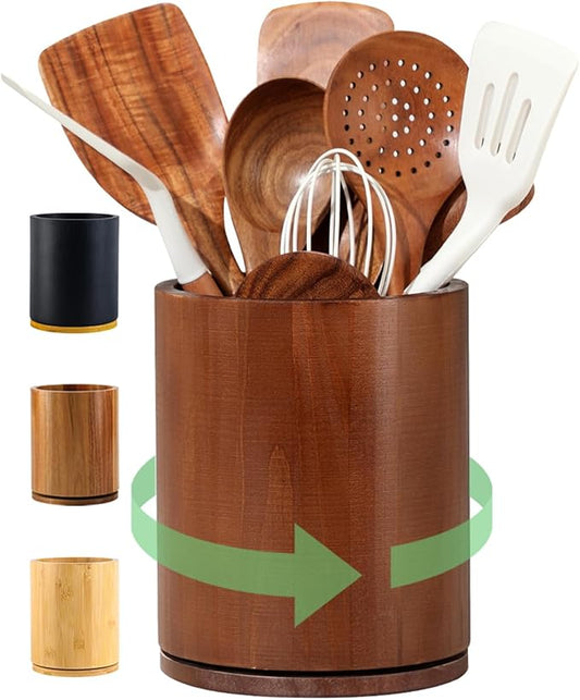 Wooden Utensil Holder, 360°Rotating 7.3'' Large Utensil Holder for Kitchen Counter, Kitchen Utensil Organizer, Utensil Crock, Farmhouse Kitchens Countertop Decor, Walnut-finish by Unknown