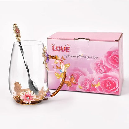 OEAGO Purple Gifts for Women Mom Mothers Day Glass Coffee Enamels Mug Best Birthday Flower Gifts for Her from Daughter Son Lead-Free Christmas Tea Cup with Spoon Set - Image 7
