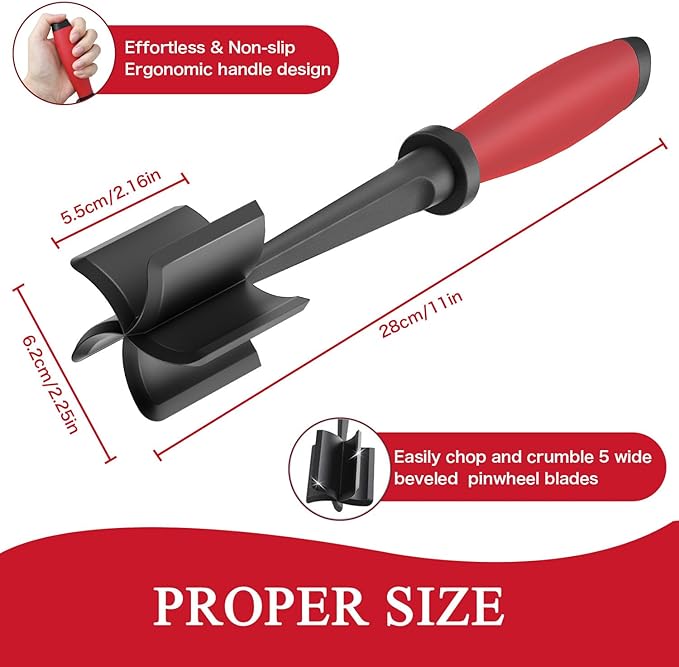 2 Meat Chopper, 5 Curve Blades Ground Beef Masher, Heat Resistant Meat Masher Tool for Hamburger Meat, Ground Beef, Turkey and More, Nylon Hamburger Chopper Utensil Non-scratch Utensils-red - Image 3