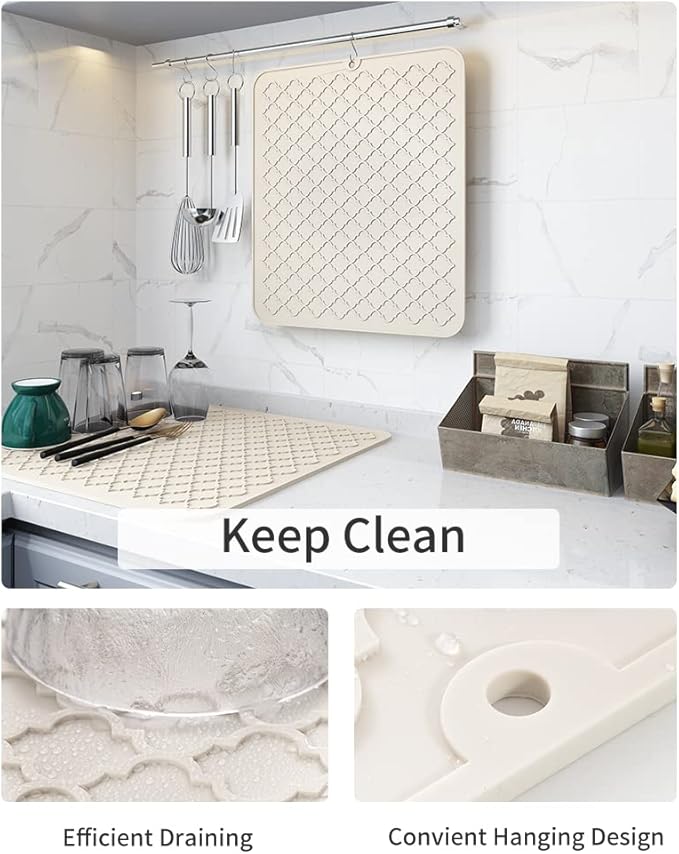 AMOAMI-Dish Drying Mats for Kitchen Counter-Silicone Dish Drying Mat-Kitchen Dish Drying Pad Heat Resistant Mat-Kitchen Gadgets Kitchen Accessories Kitchen Small Appliances(16" x 18", BEIGE) - Image 2