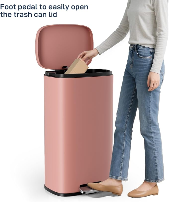 Arlopu 8/13.2 Gallon Step Trash Can, Stainless Steel Garbage Bin, Soft-Close Rubbish Bin with Removable Plastic Inner Bucket, Fingerprint-Proof, Lid Dustbin, Suit for Kitchen Home (Pink, 30L)