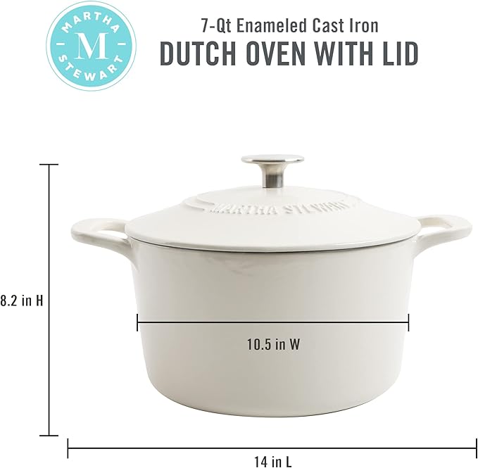 MARTHA STEWART Gatwick 7-Quart Enamel Cast Iron Dutch Oven – Linen Color with Silver Knob – Durable Heavy-Duty Dutch Oven for Slow Cooking and Braising - Image 2