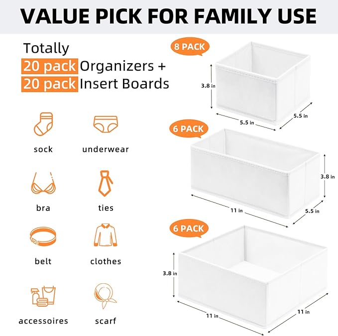 【FAMILY PACK】Drawer Organizer Clothes, 20 Pack Dresser Organizer Bins for Baby Clothes - Underwear Bra Sock Organizer - Fabric Closet Organization and Storage Dividers for Nursery Bedroom Dorm - Image 2