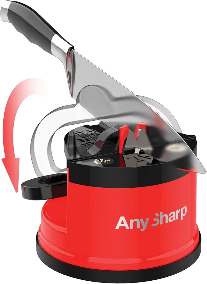 AnySharp – Global – Hands Free Knife Sharpener - Easy to Use Sharpening Tool with PowerGrip Suction Base and 20-Degree Pre-Set Angle - for All Knives: Chef's, Serrated, and Hardened Steel - Red - Image 2