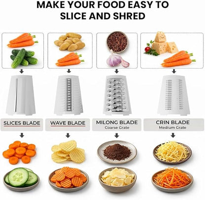 Rotary Cheese Grater Hand Crank, 10-Blade Shredder with Handle, Vegetable Slicer Mandoline Food Chopper, Strong Suction Base Kitchen Gadget for Cheese Vegetables Nuts – White