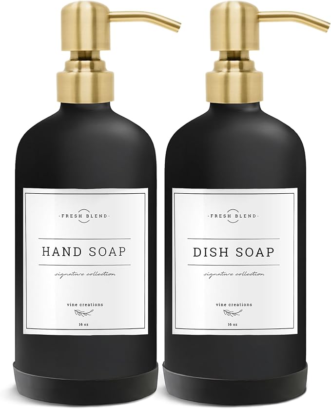 Vine Creations Black Glass Soap Dispenser, 2 Pack Kitchen Soap Dispenser Set with Stainless Steel Pump, 16 oz Dish Soap and Hand Soap Dispensers for Bathroom with Waterproof Labels by VineCreations