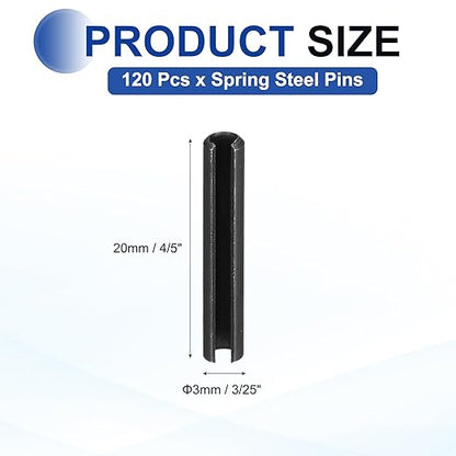MECCANIXITY 120Pcs Slotted Split Roll Pins 3/25 Inch(3mm) Dia. 4/5 Inch(20mm) Length 65Mn Steel Spring Tension Expansion Dowels for Secure Fastening, Black