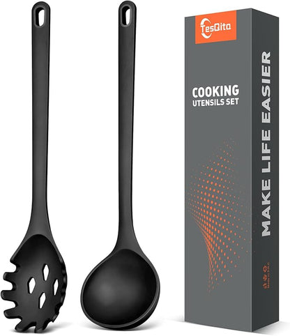 Silicone Spaghetti Spoon&Soup Ladle Cooking Utensils Set of 2,No Scratch for Nonstick Cookware,BPA Free, 450℉ Heat Resistant (BLACK) by TesQita