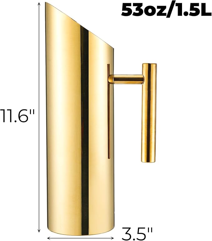 Hiceeden Stainless Steel Water Pitcher, 53oz/1.5L Modern Metal Pitcher with Ice Guard, Gold Carafe Drink Jug with Handle, Homemade Beverage Container for Iced/Hot Tea, Juice, Coffee, Milk - Image 2