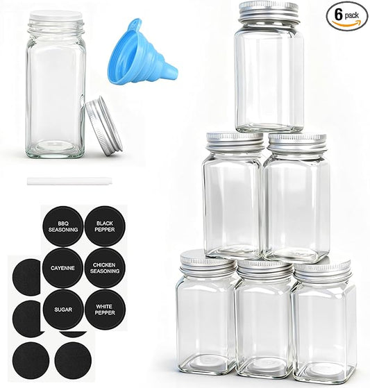 DkOvn 6pcs Glass Spice Jars, 4oz Empty Spice Jars with Metal Caps, Labels, Shaker Lids, Collapsible Funnel, Chalk Pen, Seasoning Organizer for Spice Rack by DkOvn