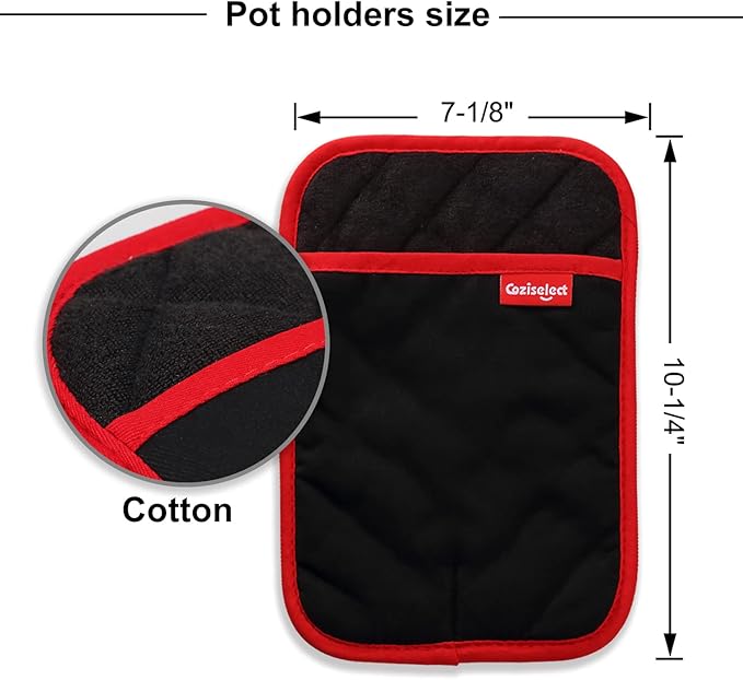 Hot Pads for Kitchen, Potholders for Kitchen Heat Resistant, Heavy Duty Pot Holders with Pockets Non Slip, Pure Cotton and Terrycloth Lining Pot Holders Set of 2, Black - Image 7