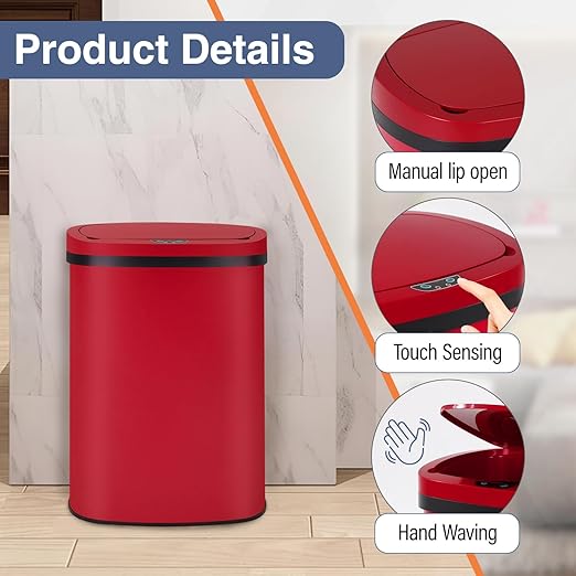 PayLessHere | 13 Gallon Stainless Steel Trash Can | Red | Automatic Touchless Lid with Motion Sensor | Kitchen Garbage Can with Waterproof Design | for Home, Office, Bathroom | Pack of 1 - Image 3