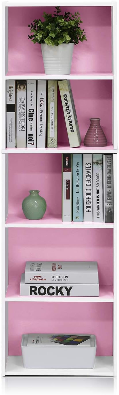 Furinno LUDER Book Shelf, 5-Tier Bookshelf, Bookcase with Open Shelves, 9.4 x 15.8 x 52, Easy Assembly, for Living Room, Bedroom, Home Office, White/Pink - Image 5