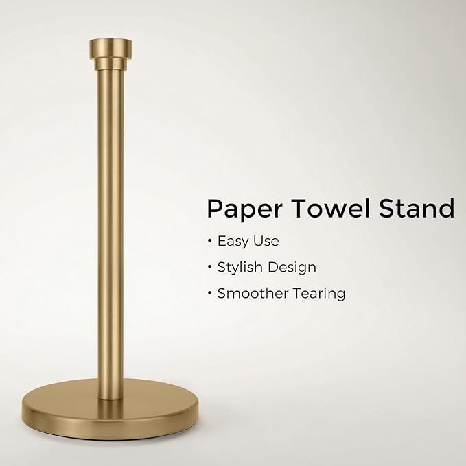 Warm Gold Paper Towel Holder Countertop, Freestanding Paper Towel Stand with Weighted Non-Slip Base, Easy Assembly, Unique Decorative End Cap for Kitchen and Bathroom - Image 2