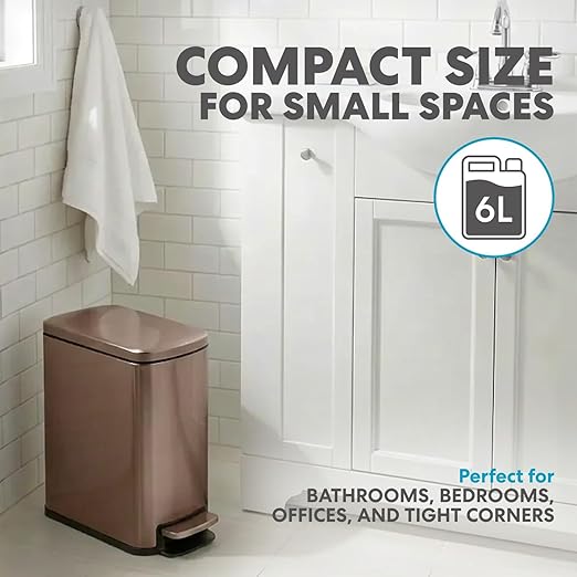 SIMPLI-Magic 6L/1.6G Stainless Steel Bathroom Trash Can with Hands-Free Foot Pedal, Quiet Soft-Close Lid, Compact Space-Saving Size - Image 2