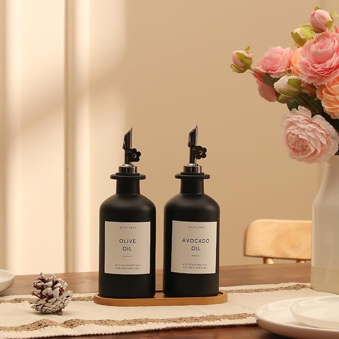 HOMCDALY Olive Oil Dispenser for Kitchen, 11.8oz Glass Kitchen Dispenser Bottle, Black Oil&Vinegar Cruet Set, Leakproof Olive Oil Bottles | Set of 2 (11.8oz – Black) - Image 5