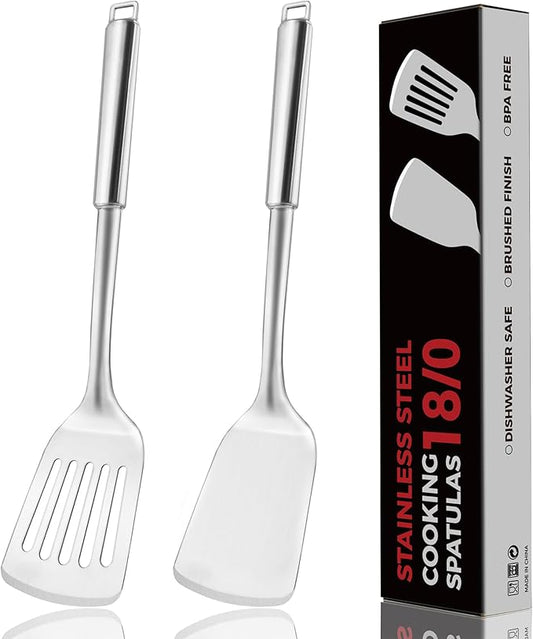 14.5-in Stainless Steel Spatula Set, 18/0 SS Heavy Duty Turner & Slotted Spatula for Kitchen Use, Cast Iron Grilling Frying, Pack of 2