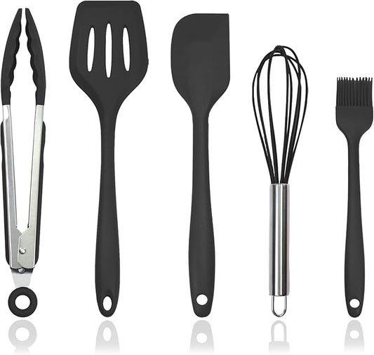 Silicone Kitchen Cooking Utensils Set Kitchen Spatula Set with Holder,5 pcs Heat Resistant Silicone Kitchen Utensils Gadgets Tools Set for Nonstick Cookware,Dishwasher Safe (Black) by XoYoZo