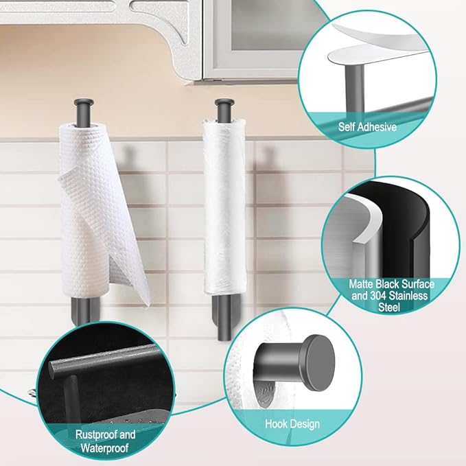MGahyi Paper Towel Holder Wall Mount, Self Adhesive Or Drilling Paper Towel Holder Under Cabinet, 13.2 inch Stainless Steel Kitchen Paper Towel Roll Rack, Bathroom Towel Roll Hanger(Grey, Rectangle) - Image 3