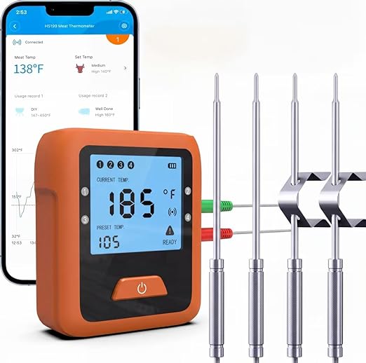 Smart Wireless Meat Thermometer Digital for Grilling and Smoking, 4 Meat Probes Grill Thermometer for Outside Grill, BBQ Thermometer for Cooking Food Temperature