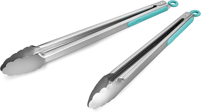 304 Stainless Steel Kitchen Cooking Tongs, 14" and 16" Set of 2 Sturdy Grilling Barbeque Brushed Locking Food Tongs with Ergonomic Grip, Aqua Sky by ALLWIN-HOUSEWARE