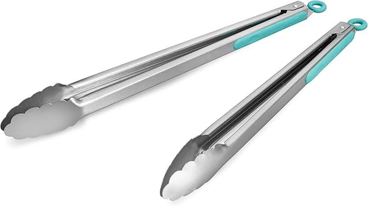 304 Stainless Steel Kitchen Cooking Tongs, 14" and 16" Set of 2 Sturdy Grilling Barbeque Brushed Locking Food Tongs with Ergonomic Grip, Aqua Sky by ALLWIN-HOUSEWARE