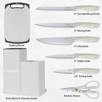 19 PCS Kitchen Cooking Utensils Set, 11 Pieces Silicone Cooking Utensils Set 6 Pieces Sharp Stainless Steel White Knife Set with 1 Piece Cutting Board, Ideal for Apartment