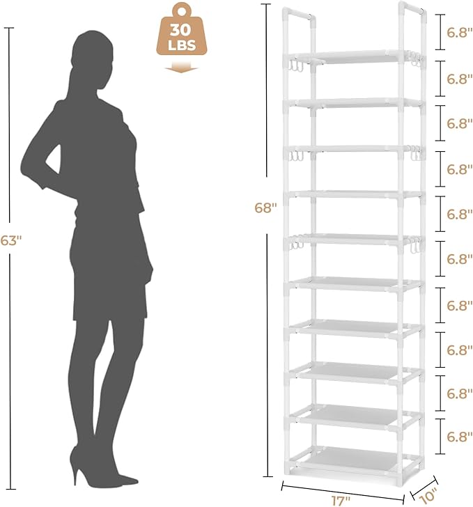 VTRIN 10 Tiers Tall Shoe Rack Holds 20-25 Pairs of Shoes Sturdy Vertical Shoe Organizer with 18pcs Hooks Stackable Narrow Shoe Rack for Closet, Entryway White - Image 3