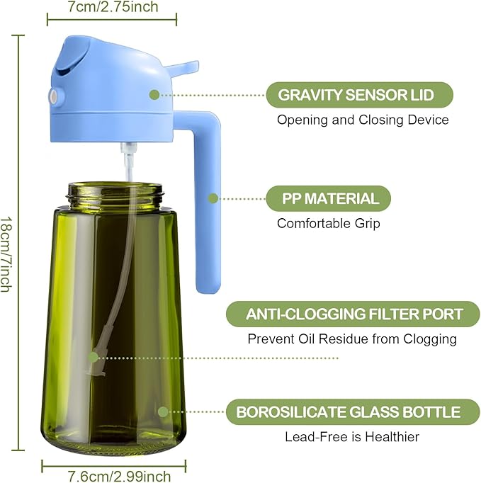 YARRAMATE 16oz/470ml Dark Green Oil Sprayer for Cooking with Stickers, Food-grade Premium 2 in 1 Olive Oil Dispenser Bottle for Kitchen Gadgets, Air Fryer, Salad, Frying, BBQ (SkyBlue) - Image 2