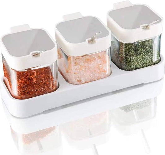 Mlici 8.6 oz Condiments Container Seasoning Jars, Kitchen Spicy Jars with Lids and Spoons, Tea Coffee Sugar Canisters Glass Spice Box, Set of 3, Containers, White by Mlici
