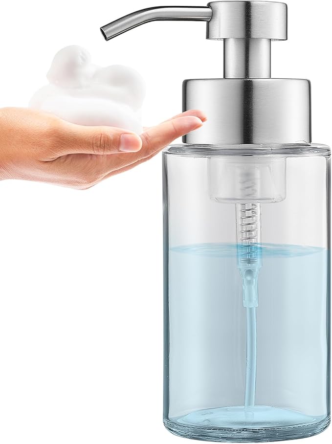 Glass Foaming Hand Soap Dispenser, 10 oz Easy Refill Glass Soap Dispenser, Foam Dispenser with Stainless Steel Pump & Waterproof Labels, Clear Foam Soap Bottle for Bathroom Countertop by DOILIESE