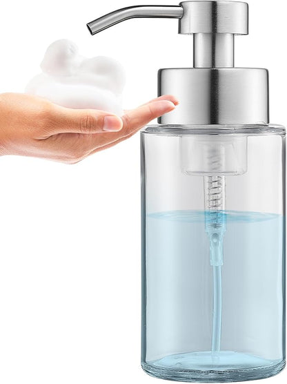 Glass Foaming Hand Soap Dispenser, 10 oz Easy Refill Glass Soap Dispenser, Foam Dispenser with Stainless Steel Pump & Waterproof Labels, Clear Foam Soap Bottle for Bathroom Countertop by DOILIESE