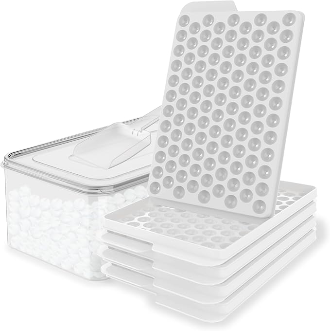 WIBIMEN Mini Ice Cube Trays, 0.55” Tiny Pebble Ice for Iced Coffee & Cocktails, Fast Chill, Easy Twist Release, Stackable with Lid & Storage Bin (4 Pack, White) by WIBIMEN