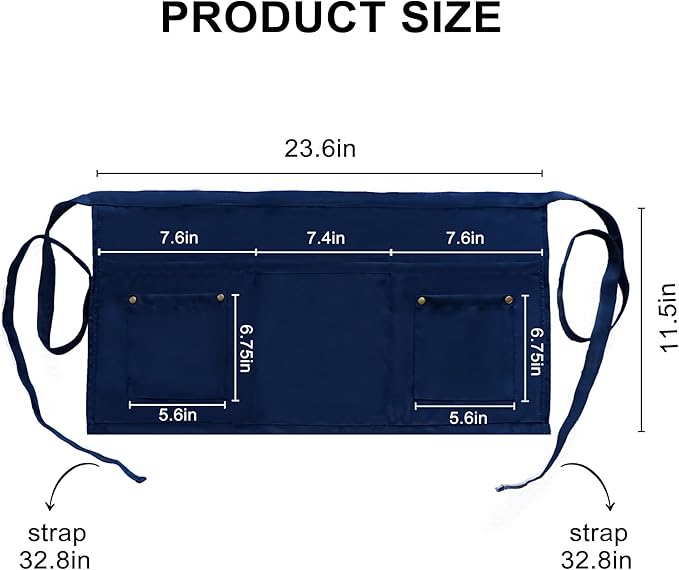 Server Apron with 5 Pockets - Rivet buckle Unisex Short/Half Waiter Waist Short Apron