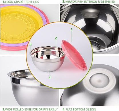 Leidawn Mixing Bowls with Lids for Kitchen - 25 PCS Stainless Steel Nesting Colorful Mixing Bowls Set for Baking,Mixing,Serving & Prepping,Size 5, 3.7, 2.8, 2.3, 1.7, 1.1, 0.7QT,11 Cooking Utensils - Image 2
