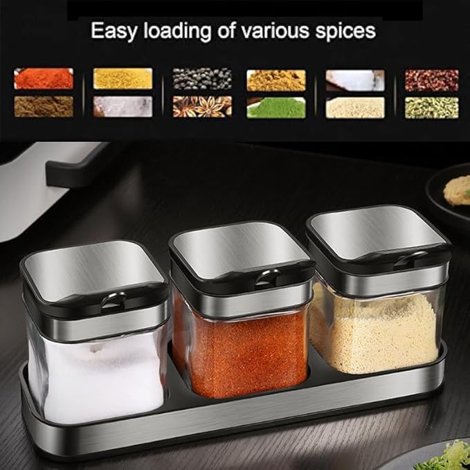 Condiment Jar Spice Container with 304 Stainless Steel Lids and Spoons,Clear Glass Condiment Canisters Pots Seasoning Box Salt Container Sugar Bowl Set of 3 for Kitchen, Counter, Food Storage