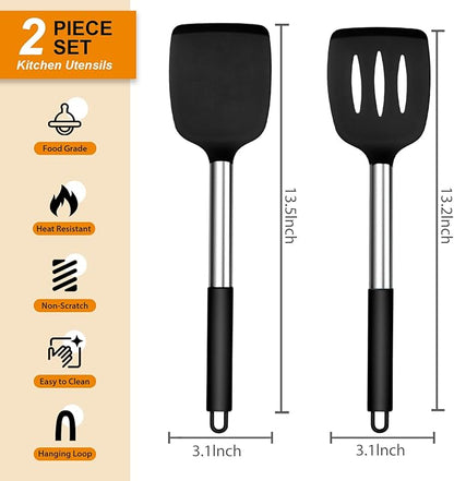 E-far Silicone Spatula Set of 2, Solid & Slotted Turner for Nonstick Cookware, Heat Resistant Rubber Kitchen Cooking Utensils for Flipping Fish Pancake Egg - Black - Image 2