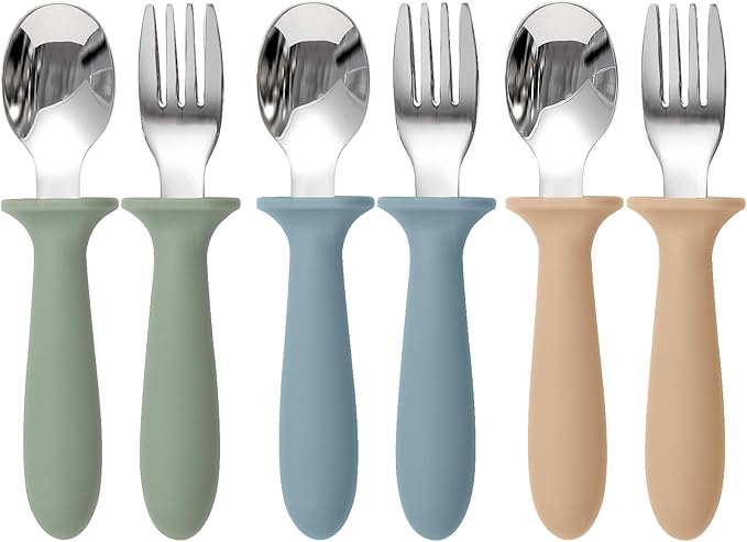 Eascrozn Toddler Utensils, 6 Pack kids Silverware Set with Silicone Handle, 18/8 Stainless Steel Children Safe Forks and Spoons, Dishwasher Safe by Eascrozn