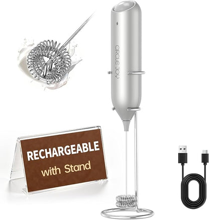 CIRCLE JOY Rechargeable Milk Frother Handheld with Stand, Dual Spring Whisk Electric Foam Maker, Detachable Hand Frother Wand Drink Mixer for Lattes, Cappuccino, Macchiato, Hot Chocolate, Silver