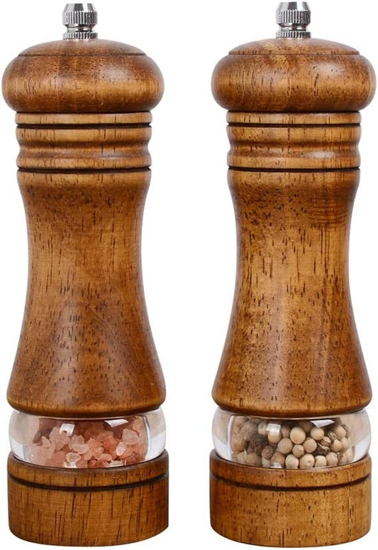 Haomacro Wood Salt and Pepper Grinder Mills Set, Classic Manual Pepper Grinder Salt Grinder Refillable Pepper Mill Sets with Acrylic Visible Window Adjustable Ceramic Grinding Rotor 6.5inch 2 Pack by Haomacro