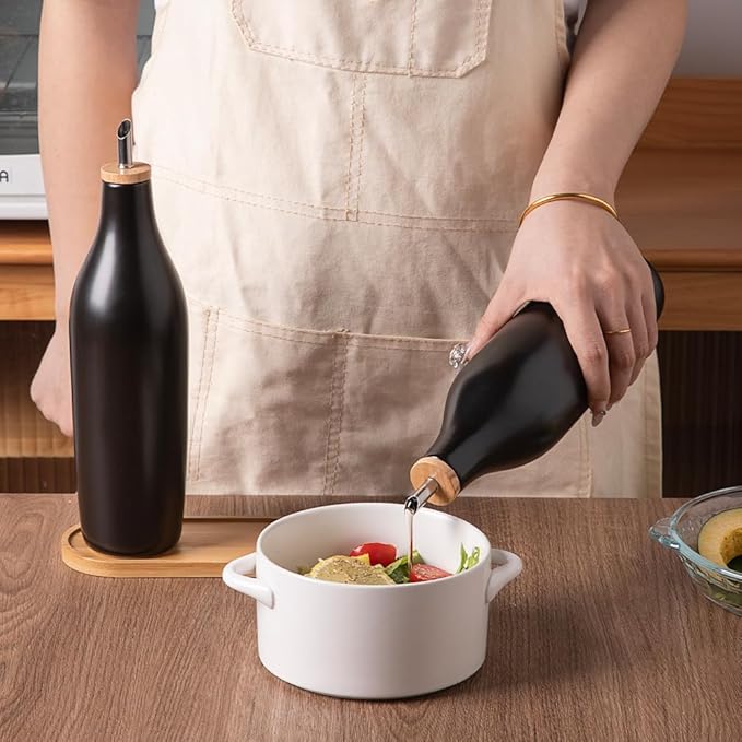 Sweejar Matte Ceramic Olive Oil Dispenser Bottles with Bamboo Tray, 17 Oz Oil Dispenser Set for Kitchen Counter, Opaque Oil Cruet for Cooking, EVOO, Vinegar, Avocado Oil, Pack of 2 (Black & Tray) - Image 2