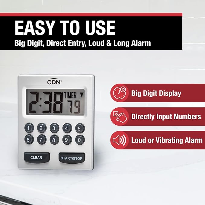 CDN Direct Entry 2- Alarm Digital Kitchen Timer | Counts Up & Down, 10 Hours by Hours, Minutes & Seconds, Big Digit, Loud & Long Audio/Vibrate Alarm, Stand, Hang, Magnet Mounting - TM30 - Image 4