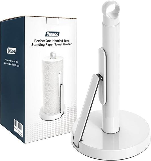 theaoo Heavy-Duty Stainless Steel Paper Towel Holder with Tension Arm – Easy One-Handed Tear, Modern Standing Countertop Dispenser for Kitchen, Holds All Paper Towel Rolls (1, White) by theaoo