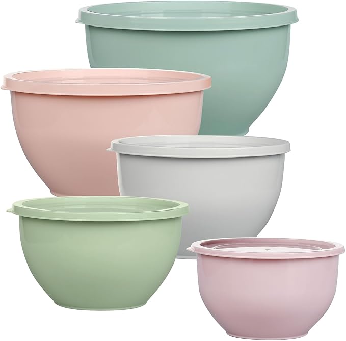 Greentainer Plastic Mixing Bowls with Lids Set for Kitchen, 5 Set Nesting Bowls for Mixing, Baking, Prepping, Cooking and Serving Food, Mixing Bowls Dishwasher, Microwave Safe by Greentainer