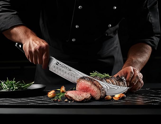 WIZEKA Carving Knife-10 Real Damascus Breaking Knife,Razor Sharp Butcher knife Curved Scimitar Brisket Knife for Meating Cutting with G10 Handle - Image 6