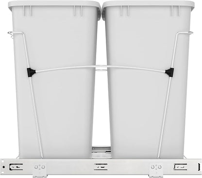 Rev-A-Shelf RV-18KD-11C S Double Pullout Trash Can for Kitchen Cabinets 35 Qt Garbage Recycling Bin on Full-Extension Slides, White