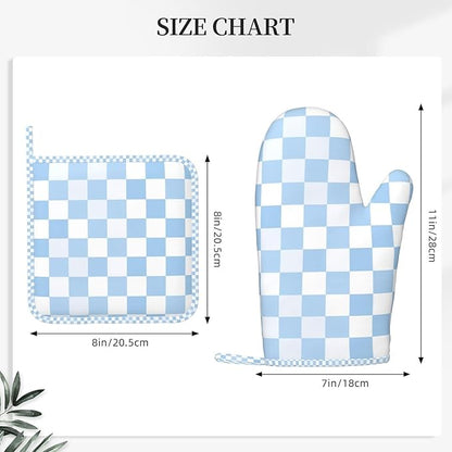 Oven Mitts and Pot Holders Set, Checkerboard Pattern Pastel Blue Silicone Kitchen Accessories 4 Piece Heat Resistant Long Gloves Potholder Non-Slip Grip for Chef Cooking Baking Grilling BBQ