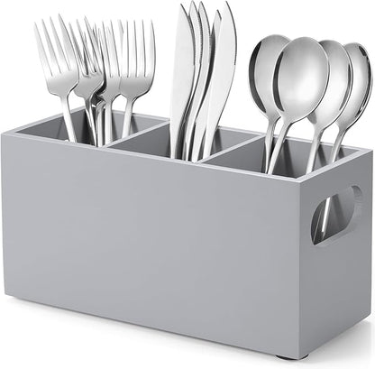 DRASTAR Wooden Silverware Caddy, Flatware Cutlery Holder, Kitchen Utensil Holder for Countertop, Silverware Organizer Containers for Party, Gray by EnhanceYourDailyLife