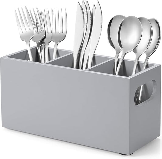 DRASTAR Wooden Silverware Caddy, Flatware Cutlery Holder, Kitchen Utensil Holder for Countertop, Silverware Organizer Containers for Party, Gray by EnhanceYourDailyLife