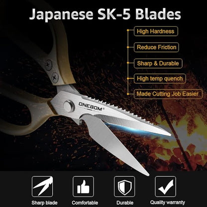 ONEBOM 2 Pack Kitchen Shears,Multi-Function Kitchen Scissors Heavy Duty Sharp 304 Stainless Steel, Gold Apartment Kitchen Accessories Cooking Shears for Chicken,Meat,Fish,Poultry (Gold)